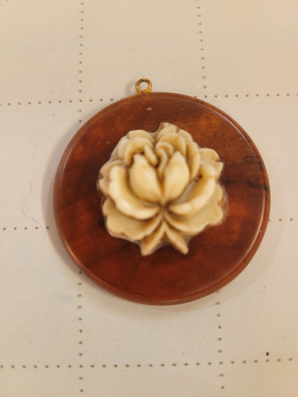 Carved Flower Round Resin Or Celluloid Pendant in Brown and Cream